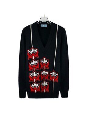 Prada Black Patterned Intarsia Wool V-Neck Knit Sweater